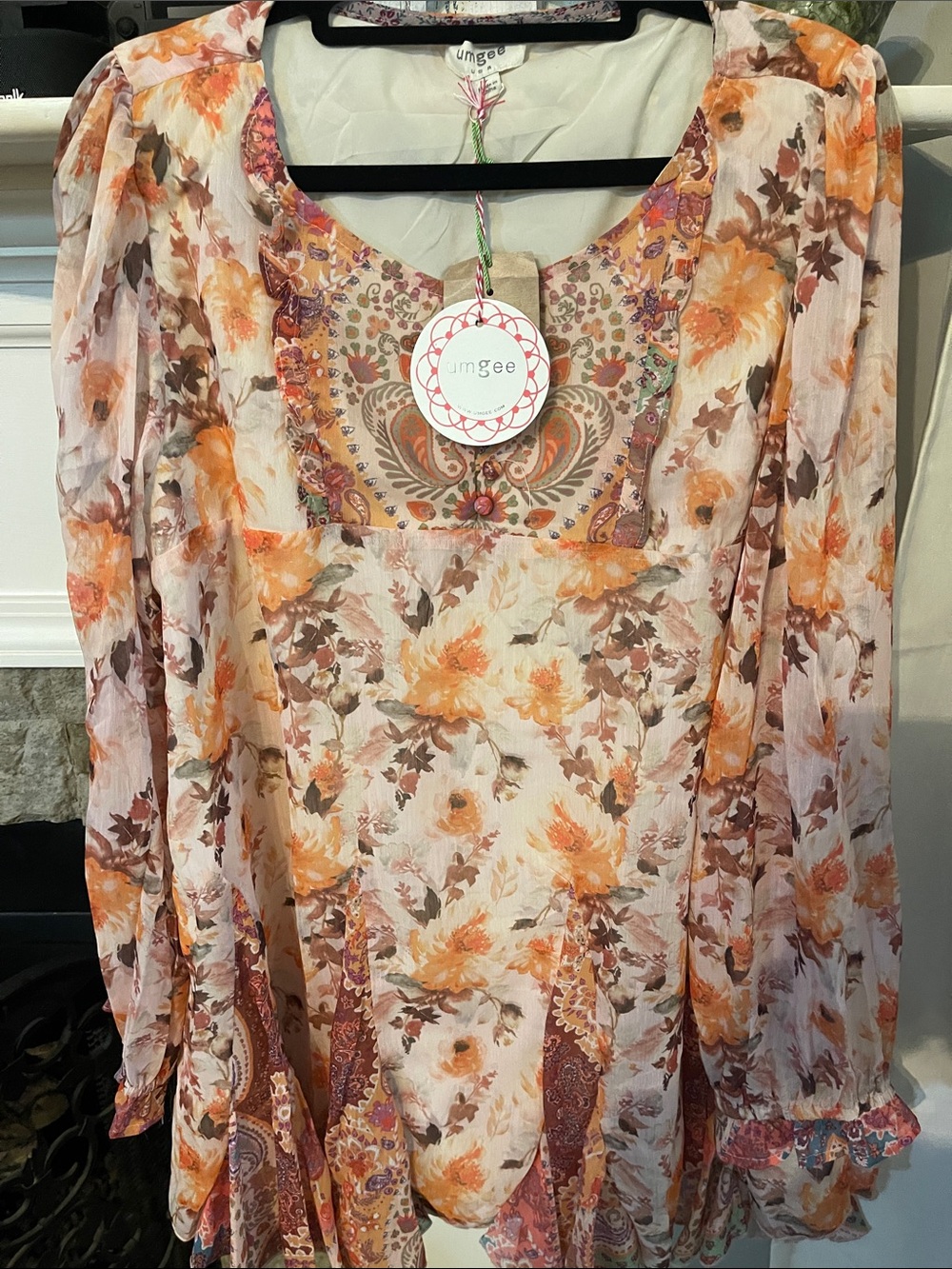 Umgee Cream Floral Peasant Top with Orange & Brown Accents